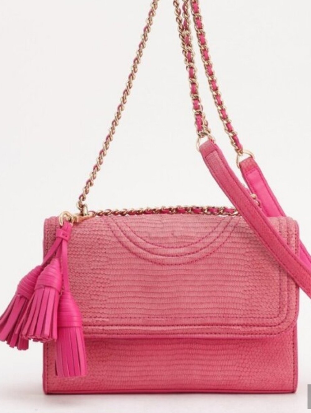 COMING  SOON! Tory Burch Hot Pink Leather Chain-Trim Crossbody with Tassels